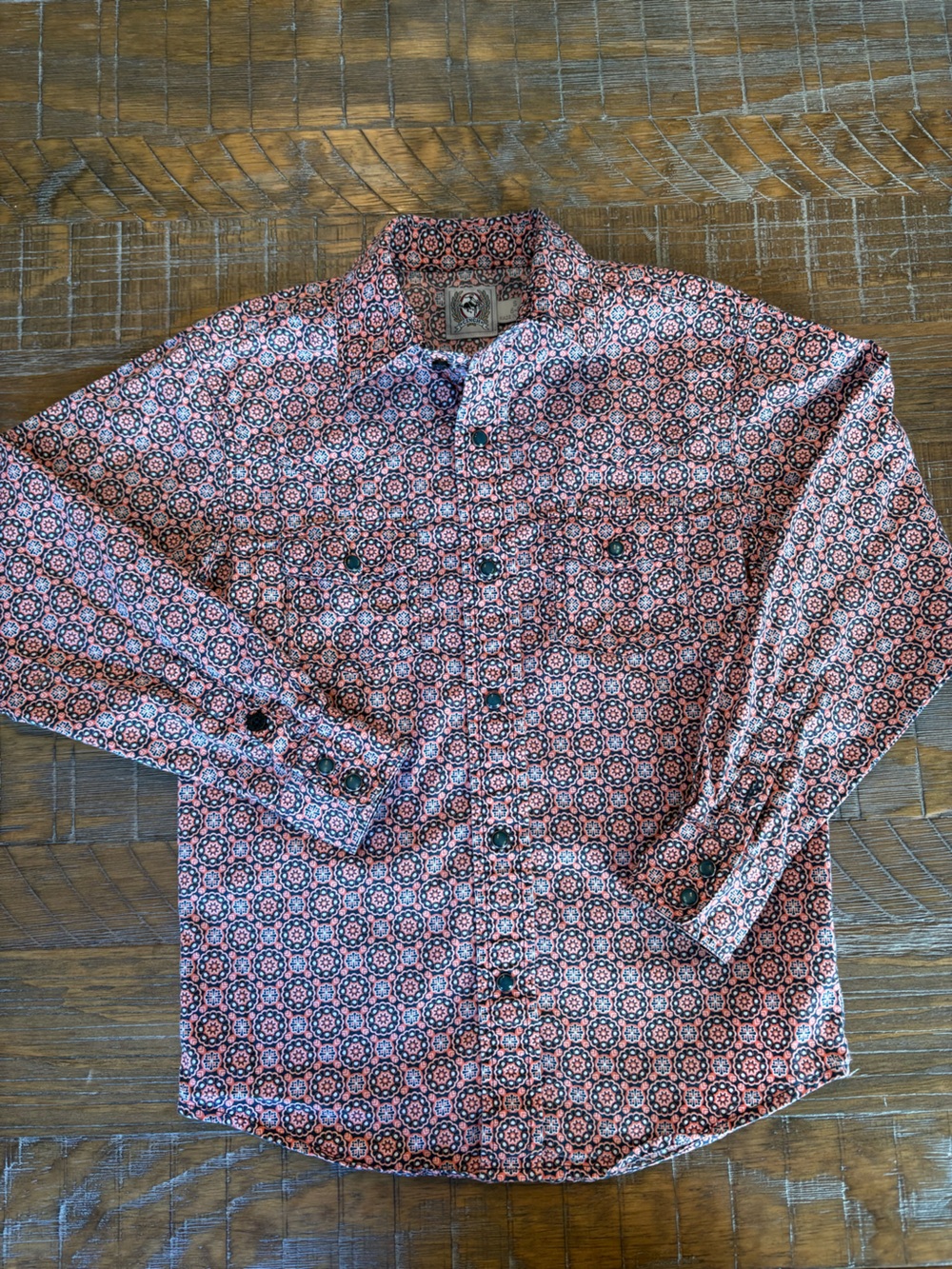 Boy’s Cinch Salmon and Blue Geometric Snap Down, Western Style Shirt, Size 6-8